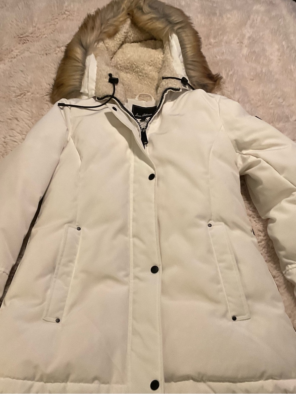 Sam Edelman White Faux-Fur Trim Hooded Puffer Coat